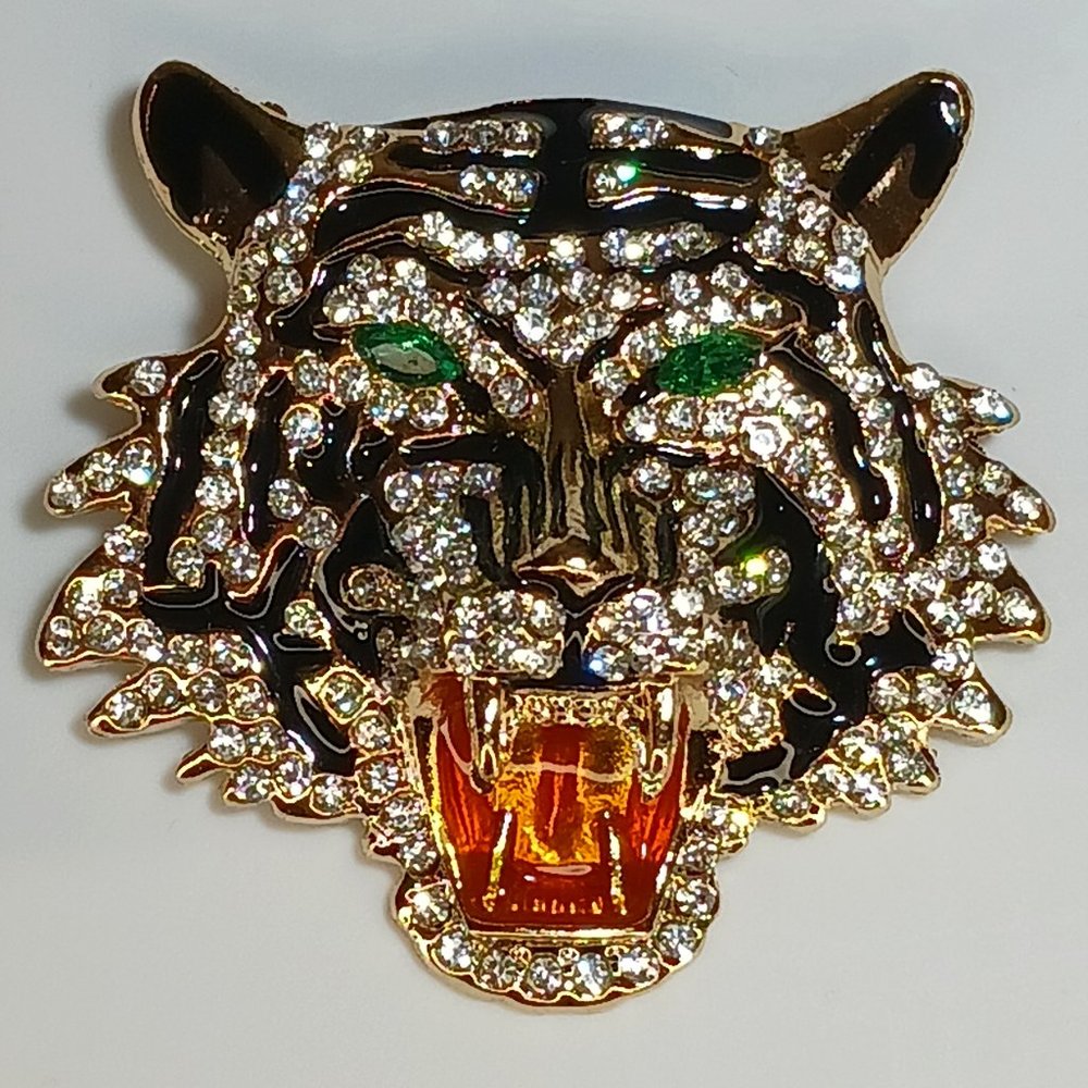 Bling Rhinestone Tiger Brooch Pin Green Eyes - Picture 3 of 4
